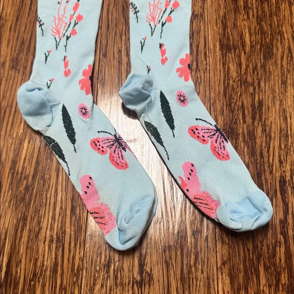 Light blue pink floral butterfly print knee high compression socks